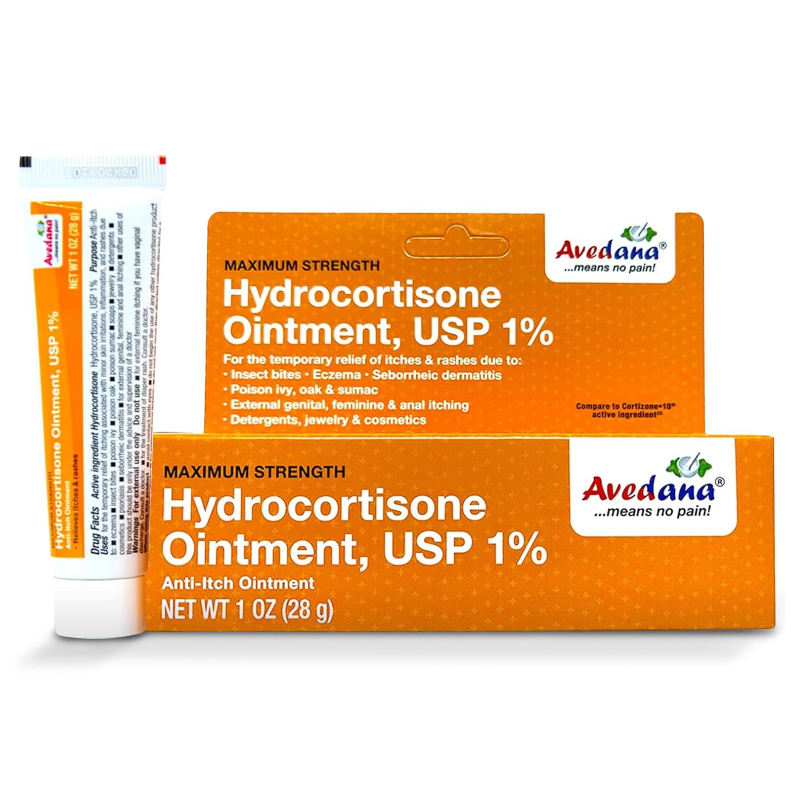AVEDANA Hydrocortisone Ointment 1oz tube for quick itch relief.