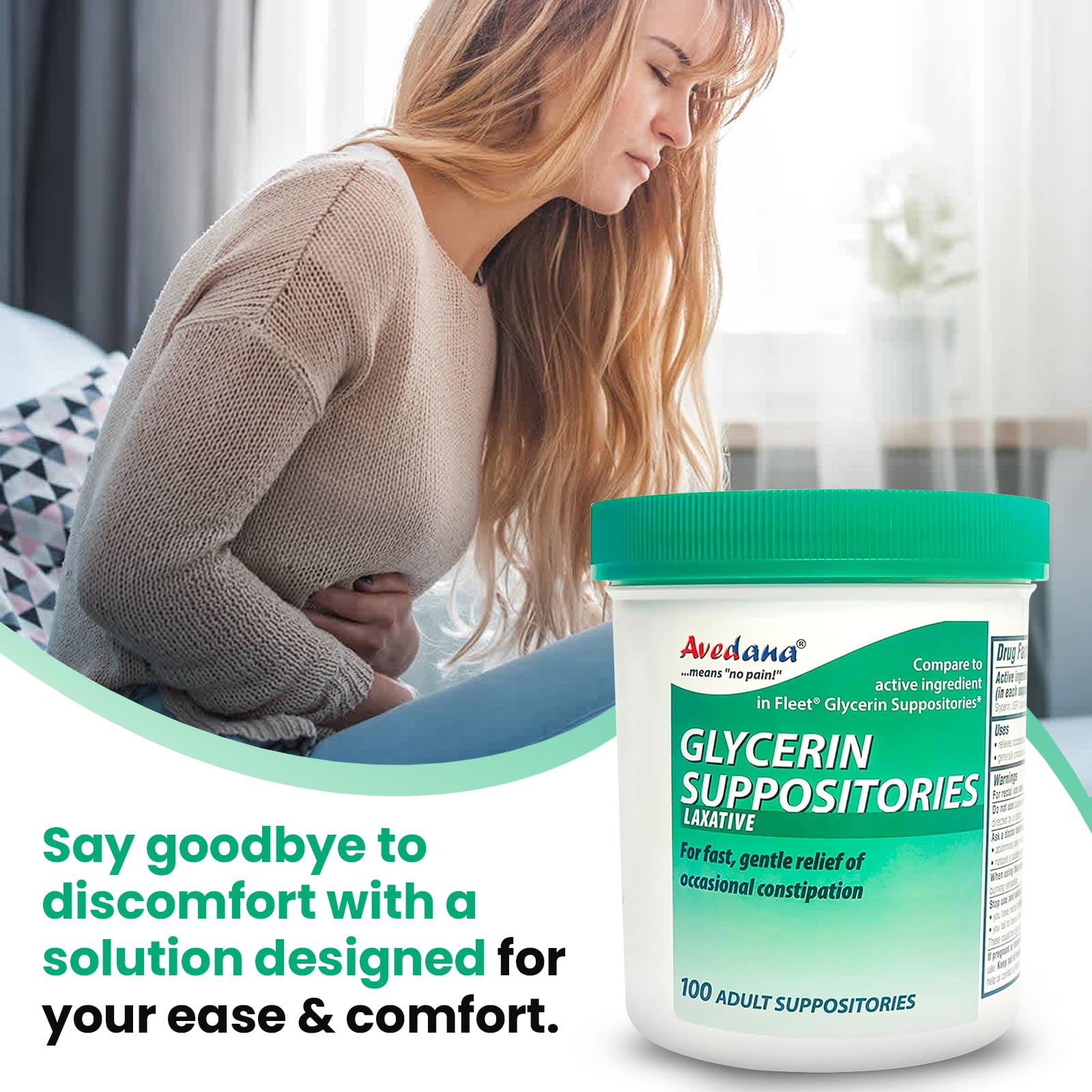 AVEDANA USP 2g glycerin suppositories 100-count tube offering bulk supply for regular use