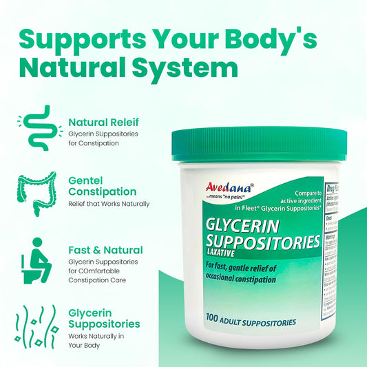 AVEDANA USP 2g glycerin suppositories box closeup showing reliable packaging for storage