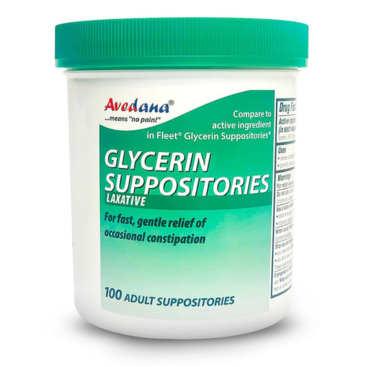 AVEDANA USP 2g glycerin suppositories pack with 100-count box for convenient at home relief