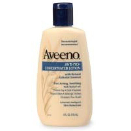 Aveeno Anti-Itch Concentrated Lotion bottle shows calamine and oat complex for soothing itch relief.