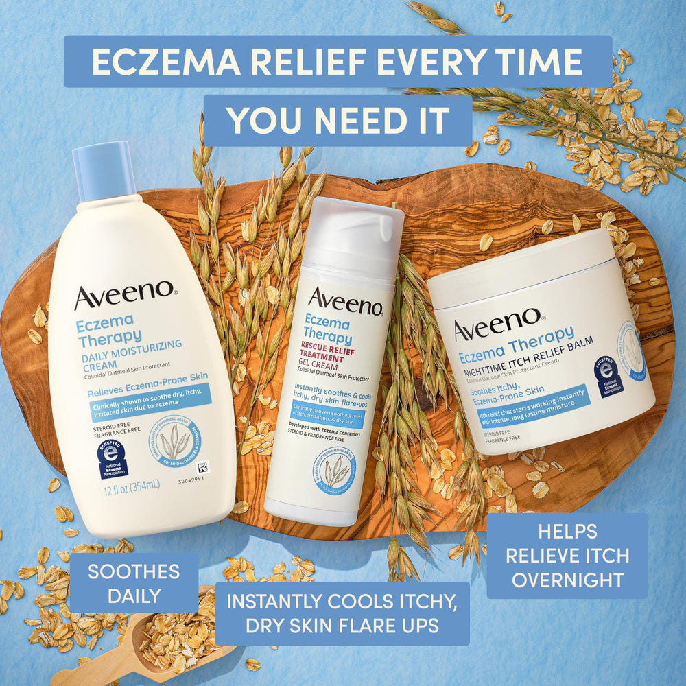 Aveeno Eczema Therapy on bathroom counter suggesting daily-use routine