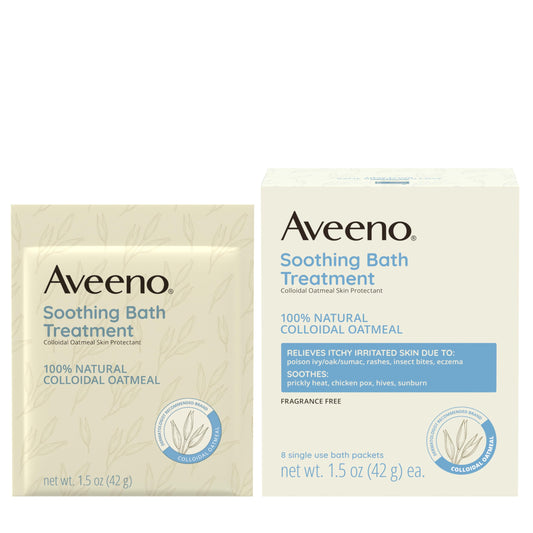 Aveeno bath packet dispersing in warm water for calm, cleansing experience.