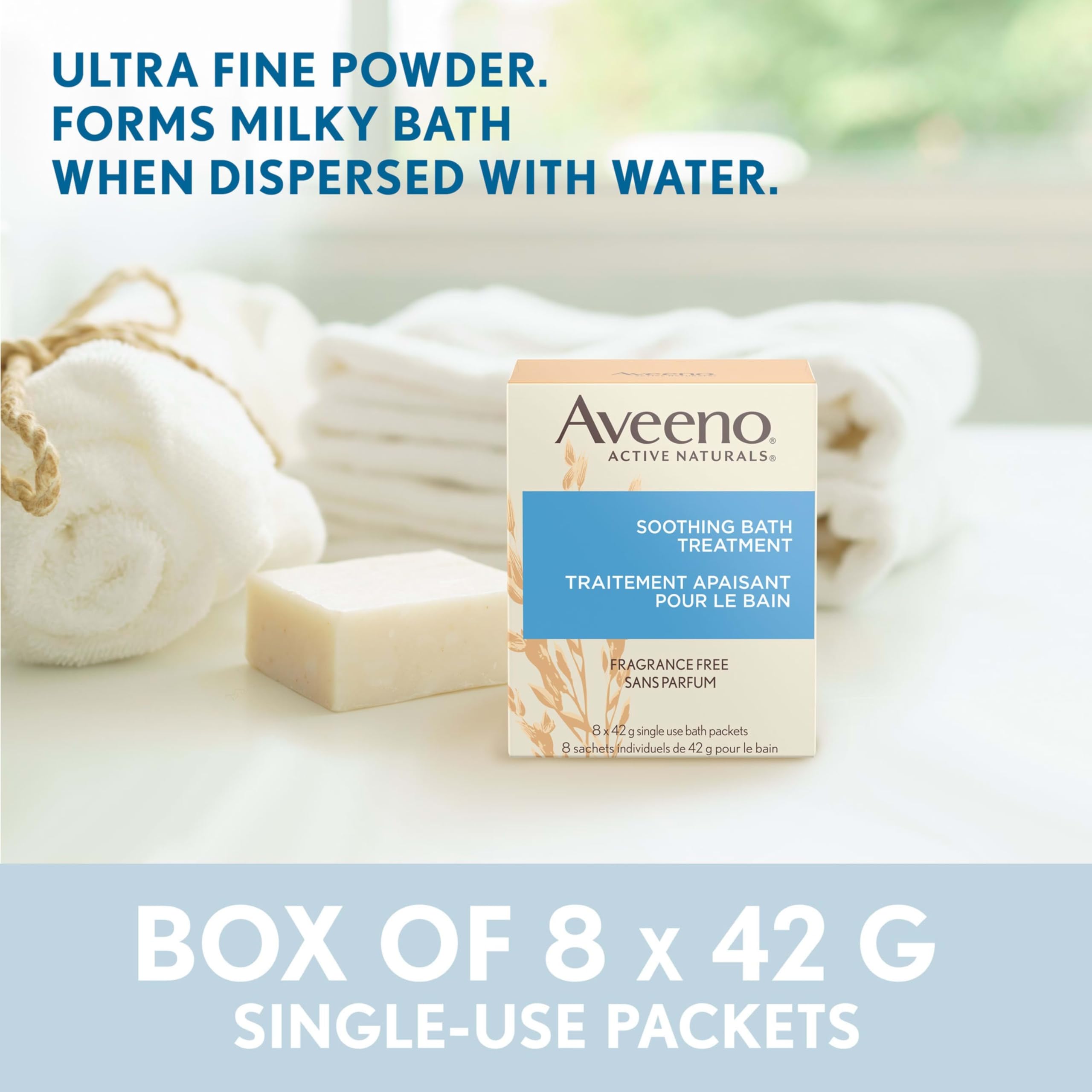 Aveeno bath treatment easing itch and discomfort in a warm bath.
