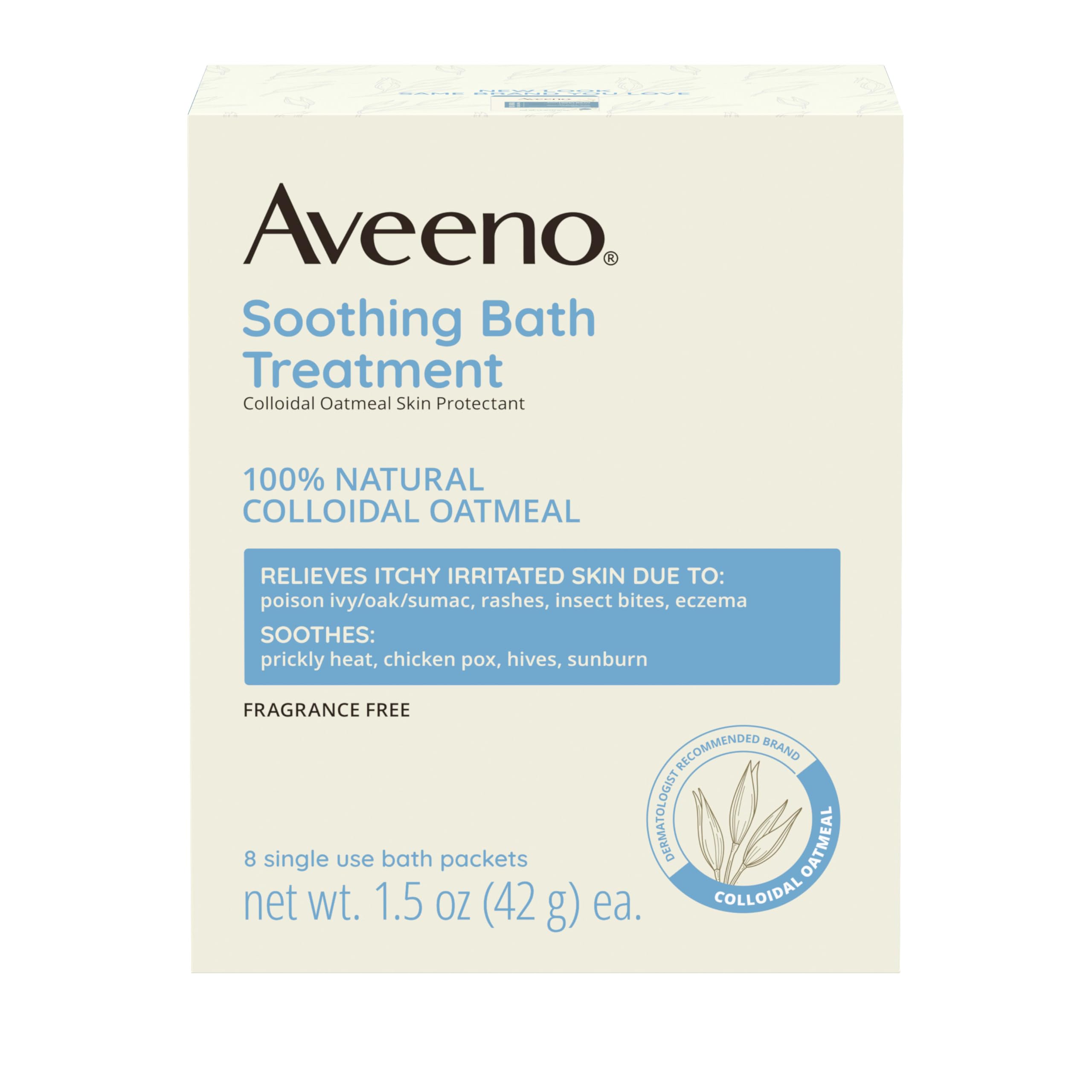 Aveeno fragrance-free soothing bath treatment packet for gentle itchy-skin relief.