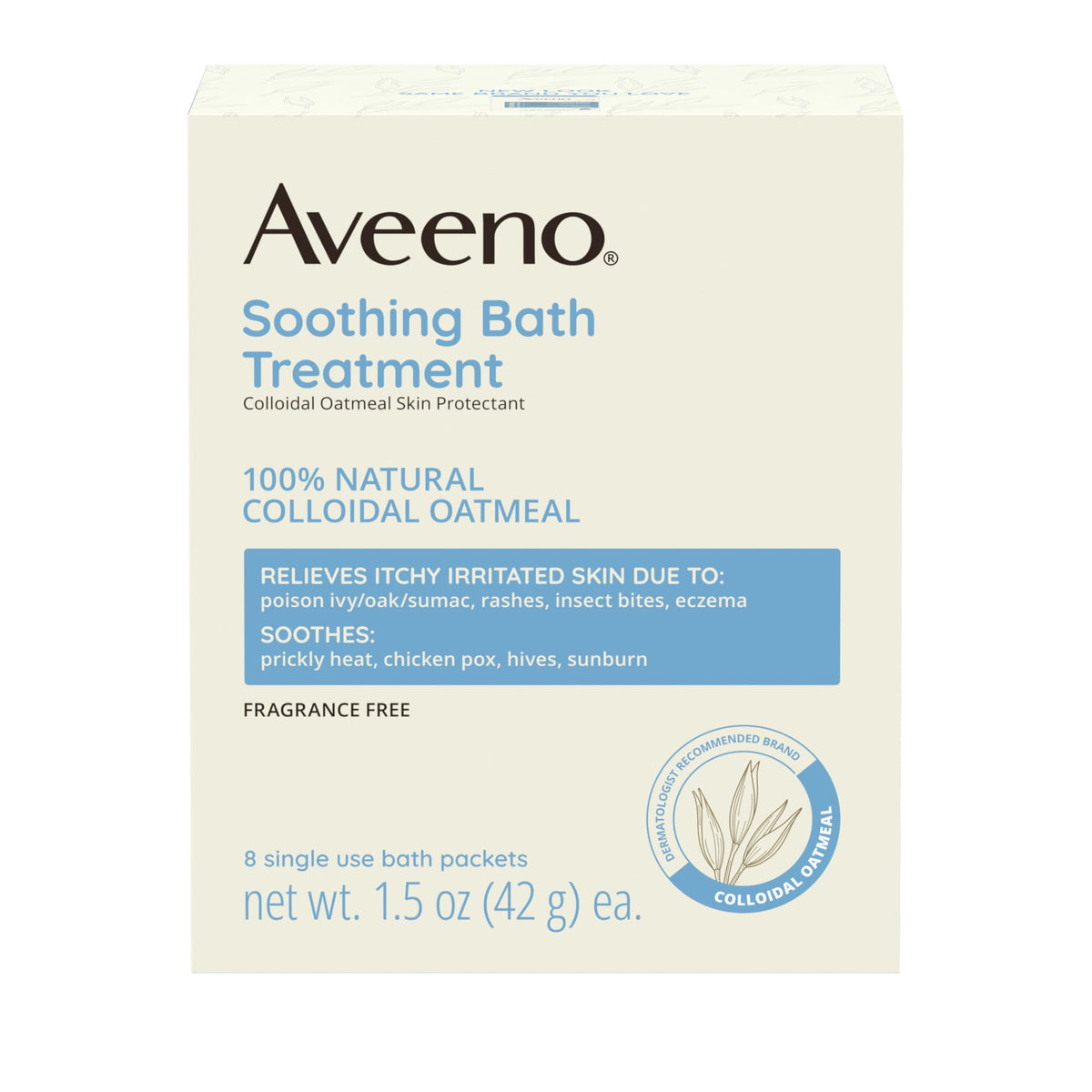 Aveeno fragrance-free soothing bath treatment packet for gentle itchy-skin relief.
