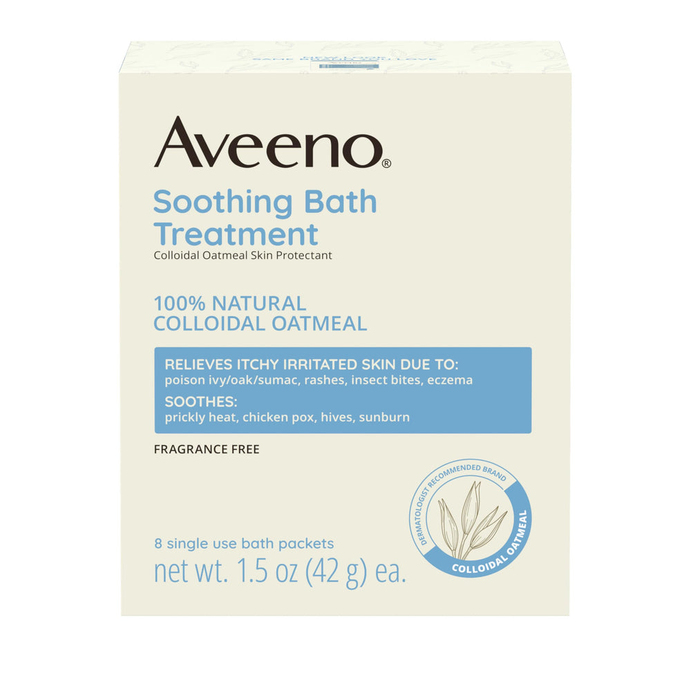 Aveeno fragrance-free soothing bath treatment packet for gentle itchy-skin relief.