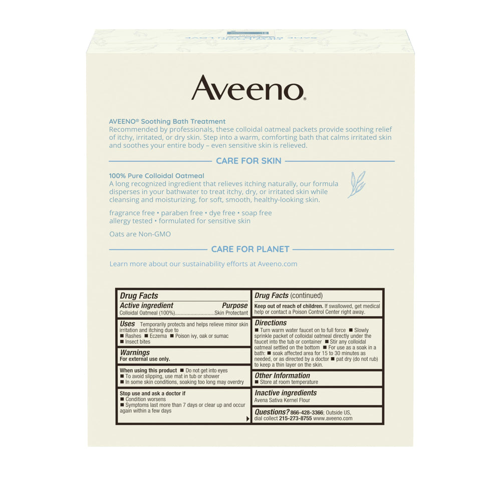 Aveeno travel-friendly bath packets for on-the-go soothing relief.