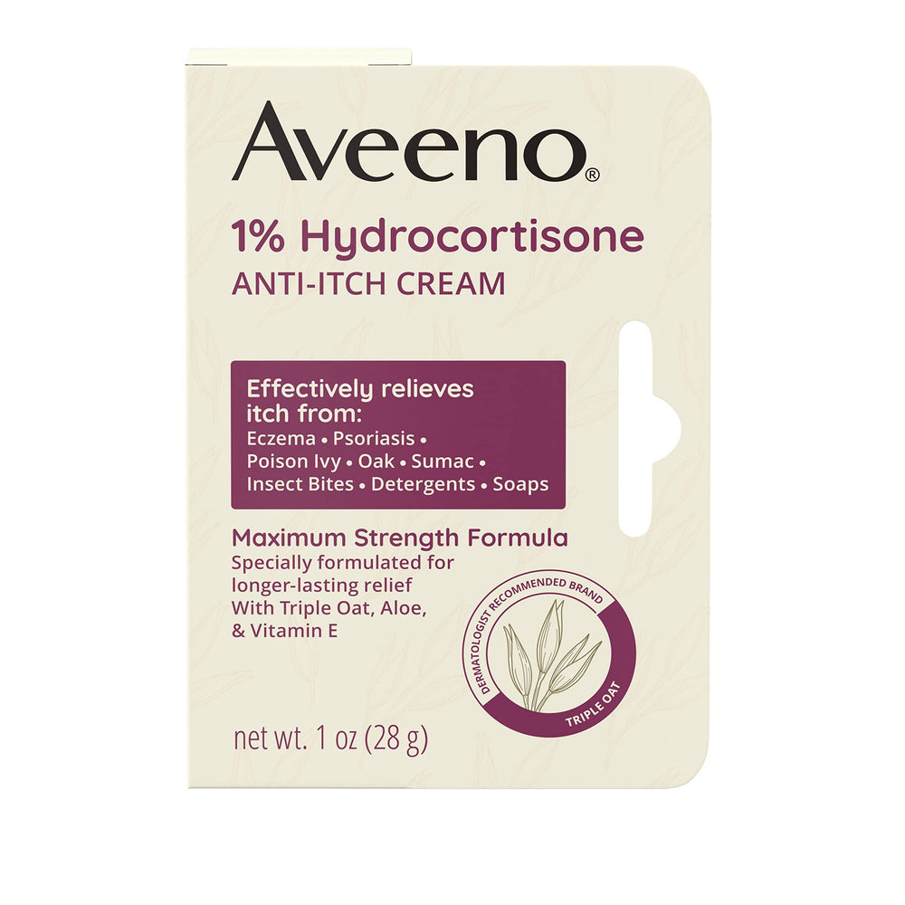 Aveeno maximum-strength hydrocortisone anti-itch cream tube for itch relief.