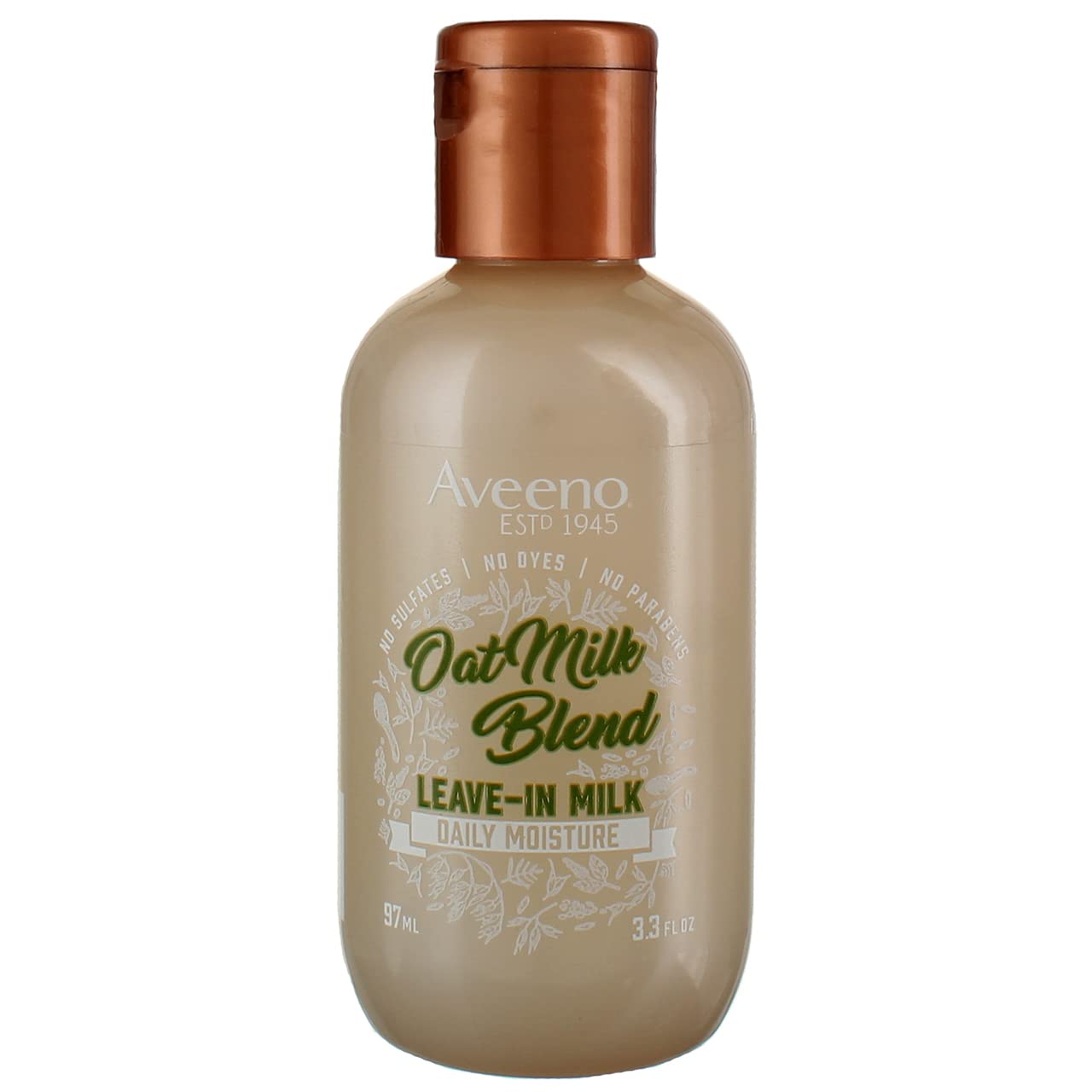 Aveeno Oat Milk Leave-In bottle pour demonstrates lightweight hydration for all hair types.