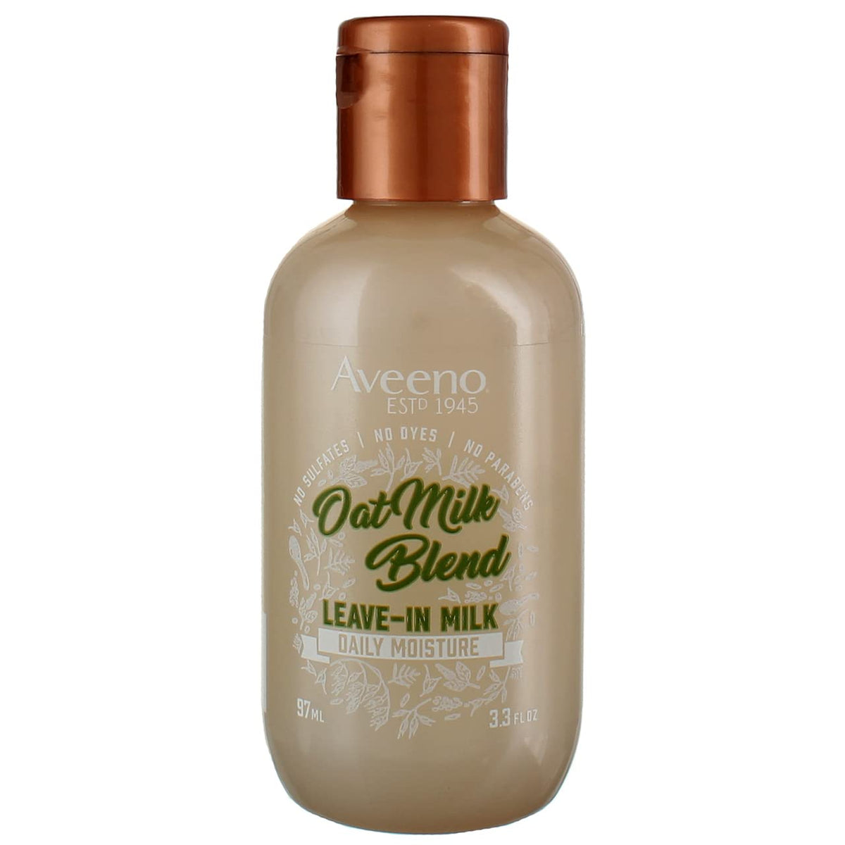 Aveeno Oat Milk Leave-In bottle pour demonstrates lightweight hydration for all hair types.