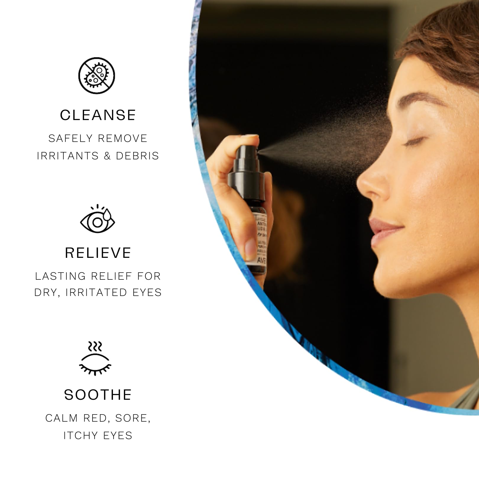 Avenova eyelash cleanser closeup highlighting sting-free formula.
