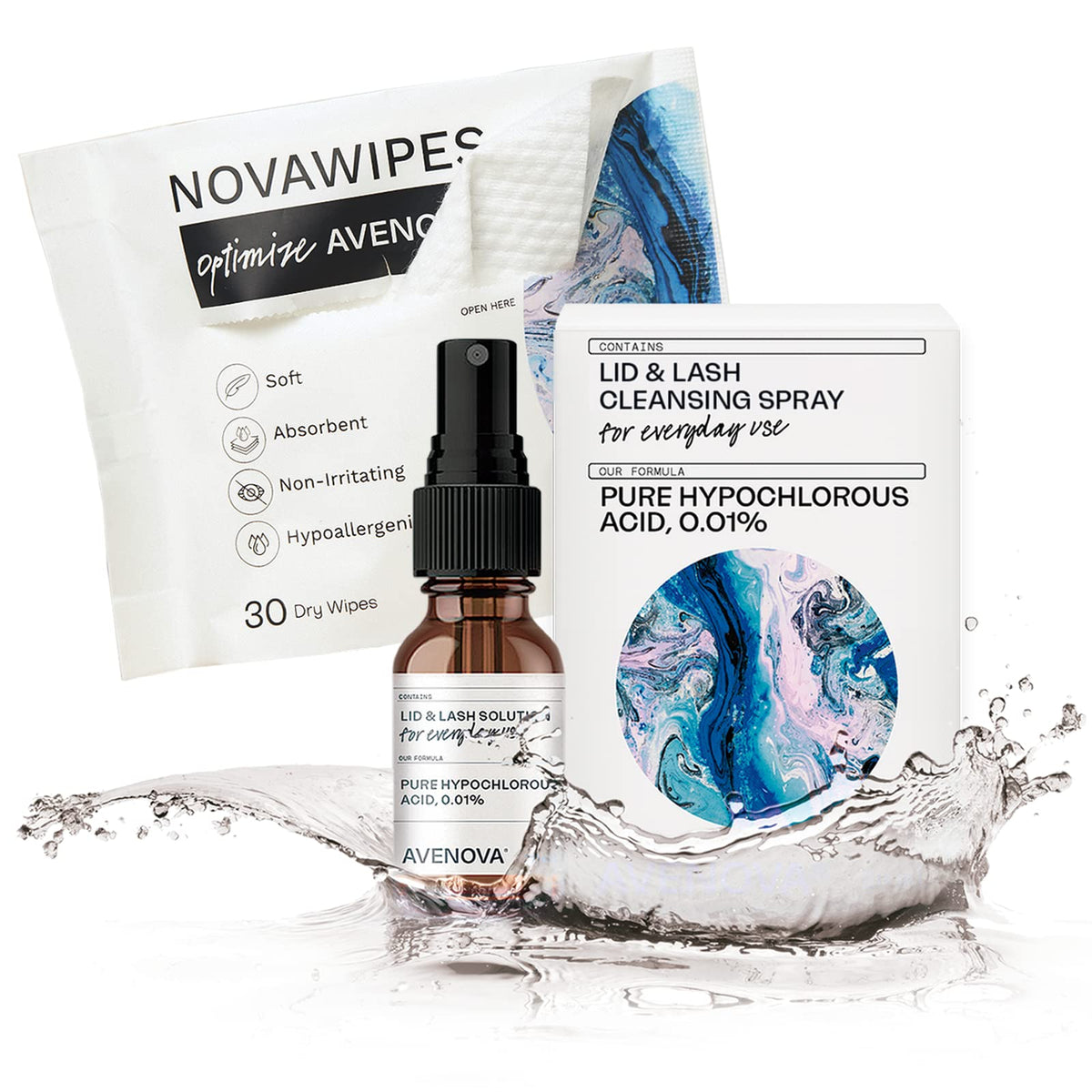 Avenova eyelid spray bottle close-up shows gentle cleansing for sensitive eyes.