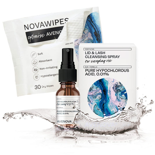 Avenova eyelid spray bottle close-up shows gentle cleansing for sensitive eyes.