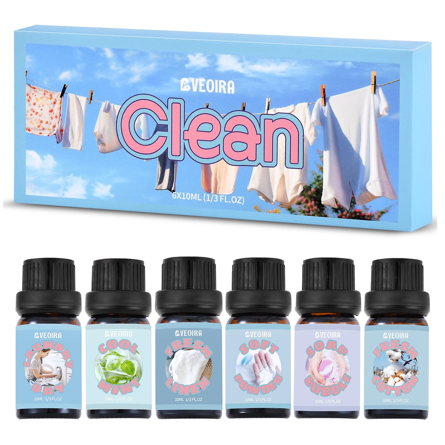 AVEOIRA Clean Fragrance Oils Set 6x10ml bottle lineup with Fresh Linen scent