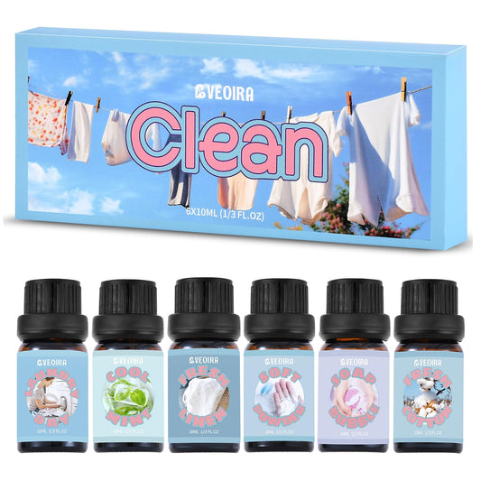AVEOIRA Clean Fragrance Oils Set 6x10ml bottle lineup with Fresh Linen scent