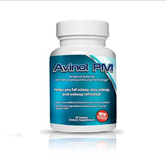 Front view of Avinol PM quick-dissolve chewable tablet bottle and packaging