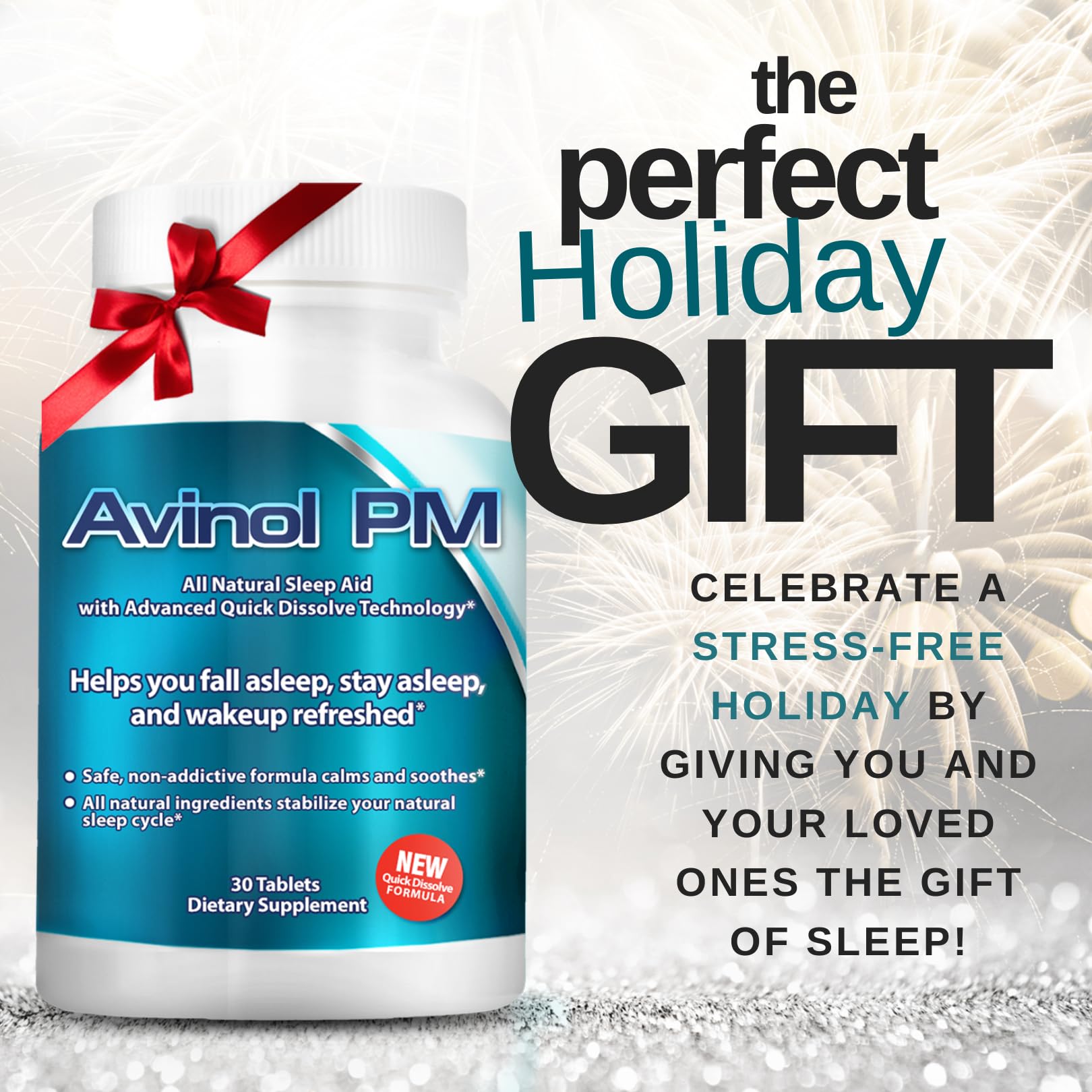 Lifestyle image with Avinol PM on a nightstand for restful sleep