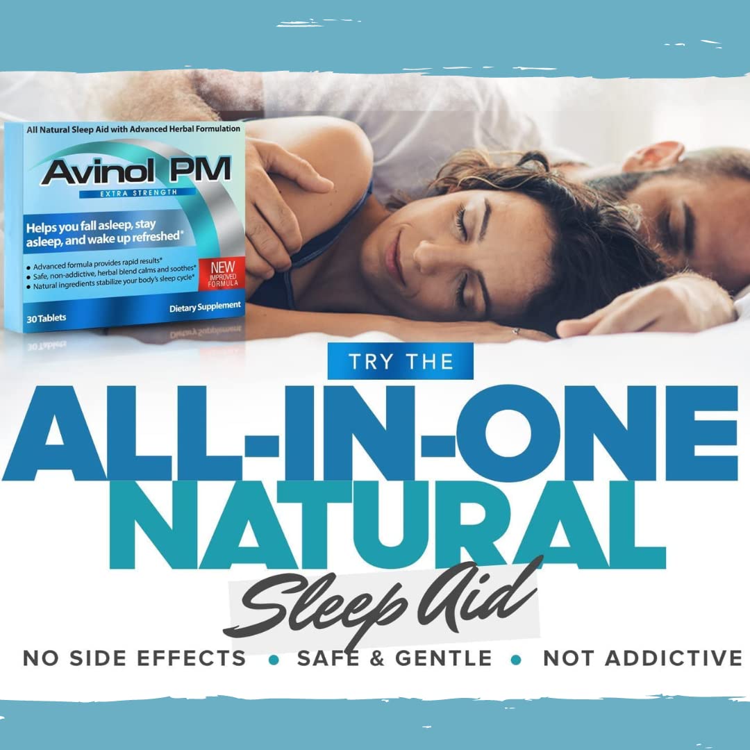 Avinol PM natural ingredients icons visualize gentle support for sleep.