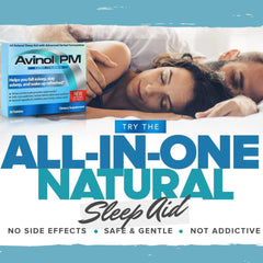 Avinol PM natural ingredients icons visualize gentle support for sleep.