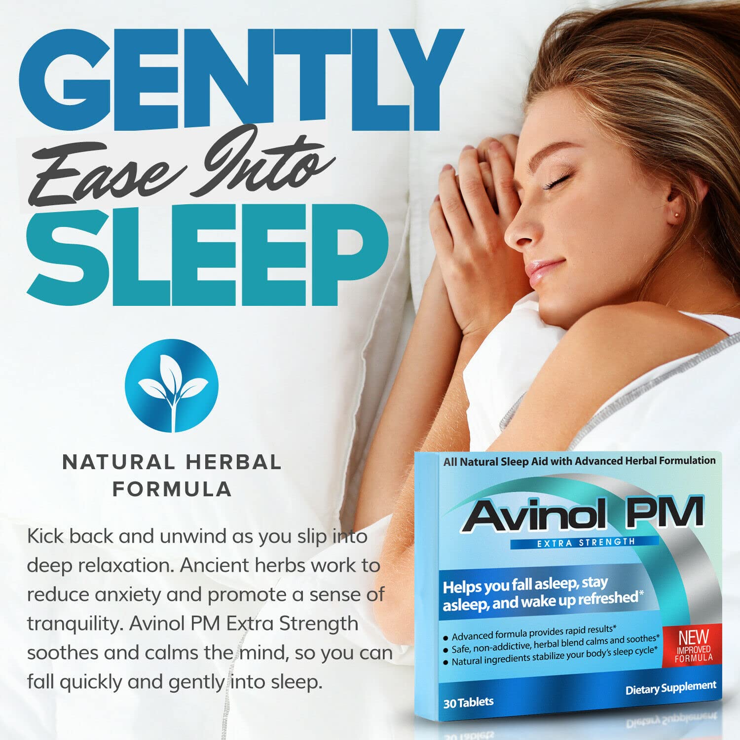 Avinol PM tablets closeup conveys natural formula for restful nights.