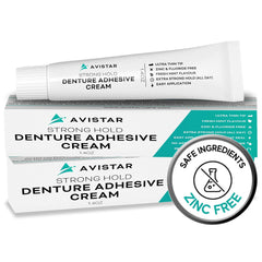 Two Avistar denture adhesive cream tubes 2-pack front view