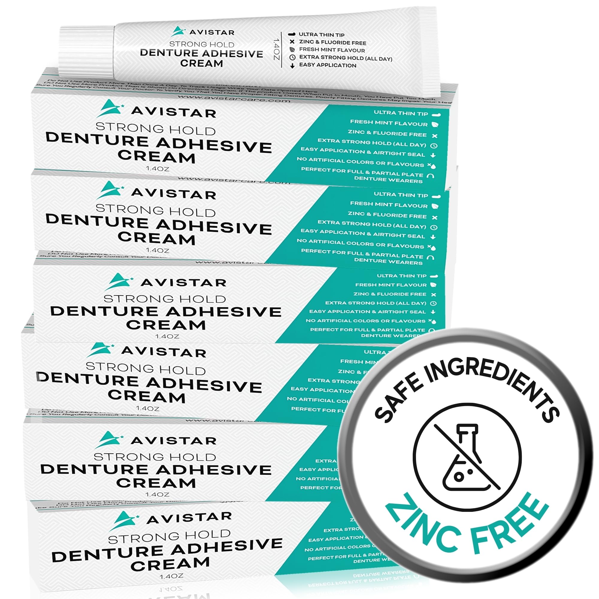 Avistar extra strong denture adhesive cream tube and six-pack package