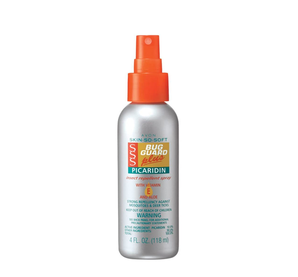 Avon Skin So Soft Bug Guard Plus Picaridin spray bottle label highlights travel-size protection.