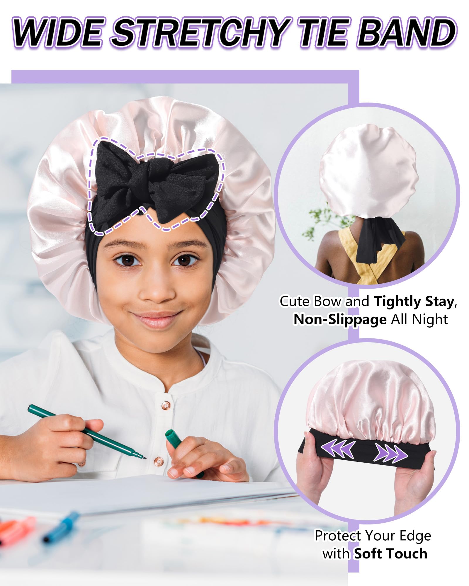 Awaytr kids satin bonnet color options black and light pink.