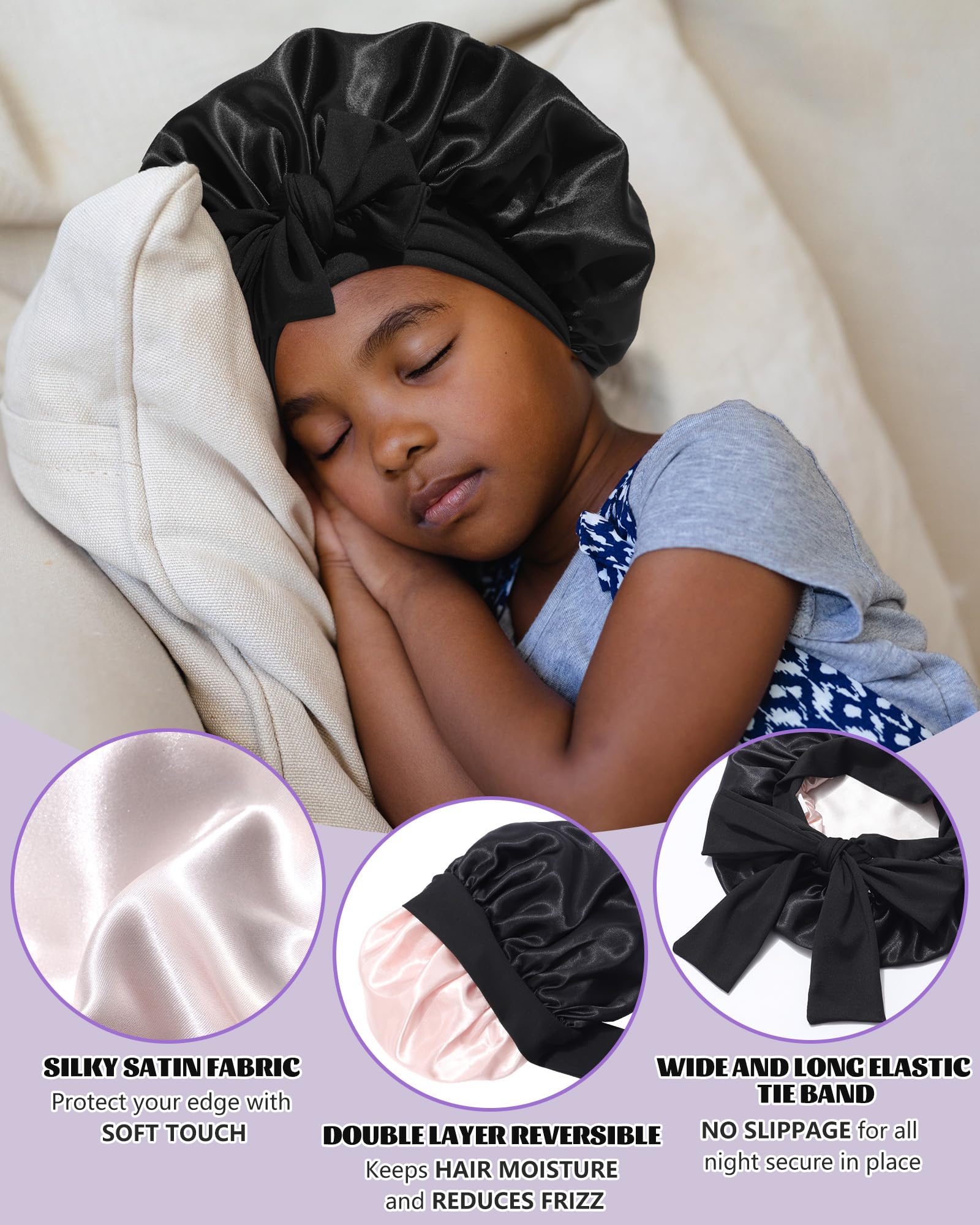Awaytr kids satin bonnet with elastic band highlighting edge protection during sleep.