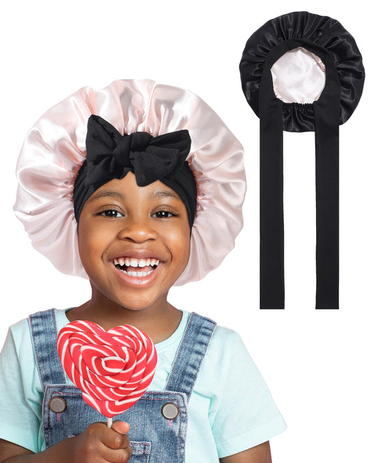 Awaytr kids satin bonnet flat lay with soft double-layer satin for gentle protection.