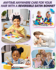 Gift-ready AWAYTR satin bonnet packaging for kids.