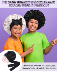 Awaytr kids satin bonnet on child head showing secure elastic tie band.