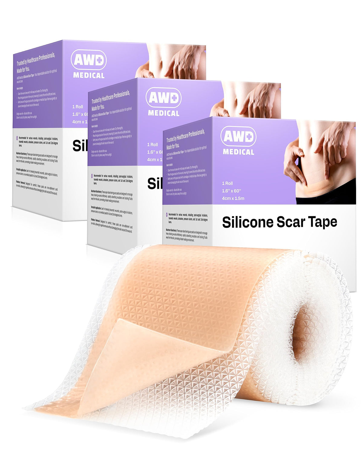 AWD Medical silicone scar tape 3-pack rolls for comfortable scar care and hydration.