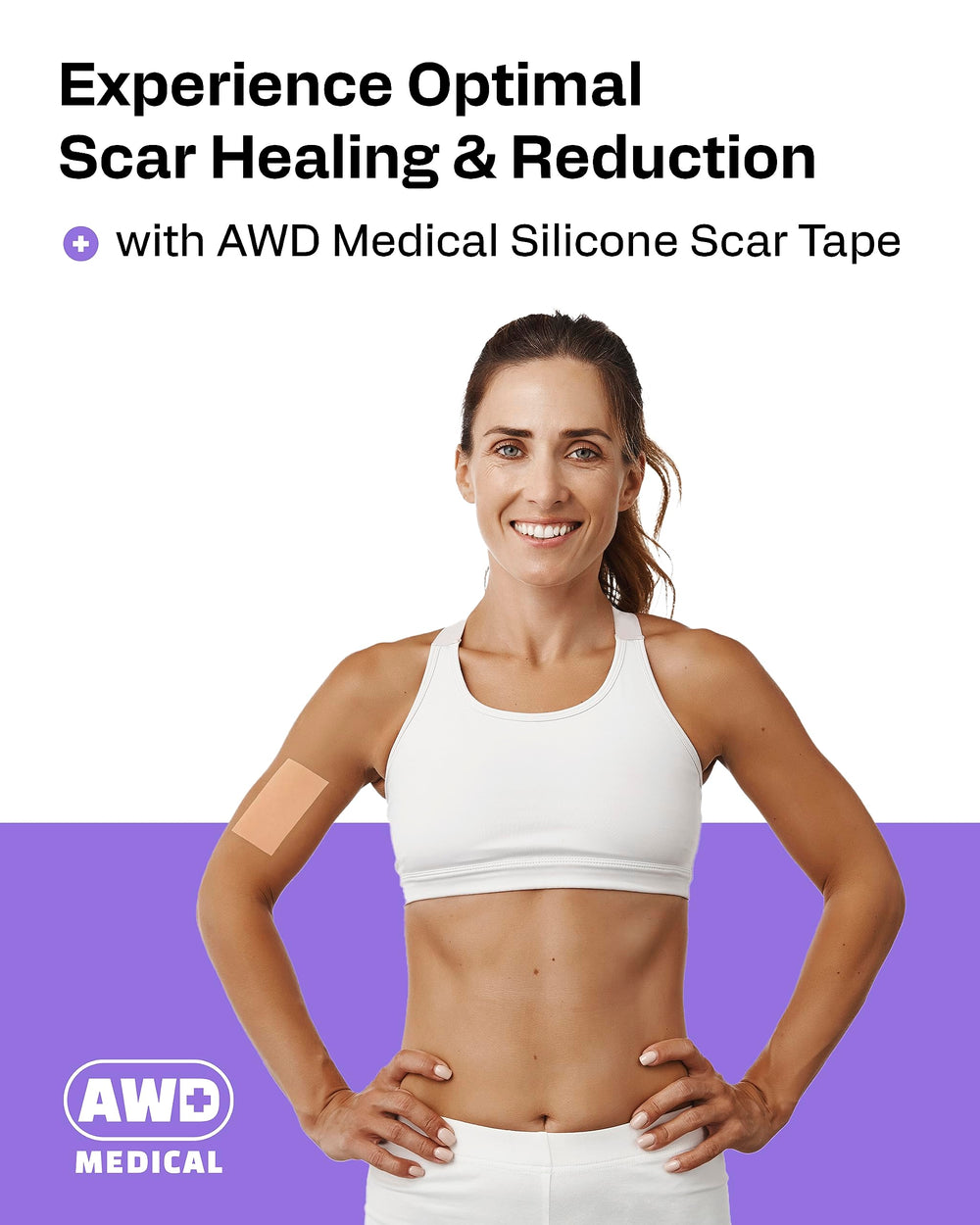 AWD Medical silicone scar tape application on skin demonstrates discreet scar coverage