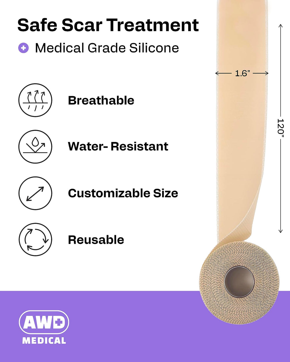 AWD Medical silicone scar tape easy removal minimizes skin pulling