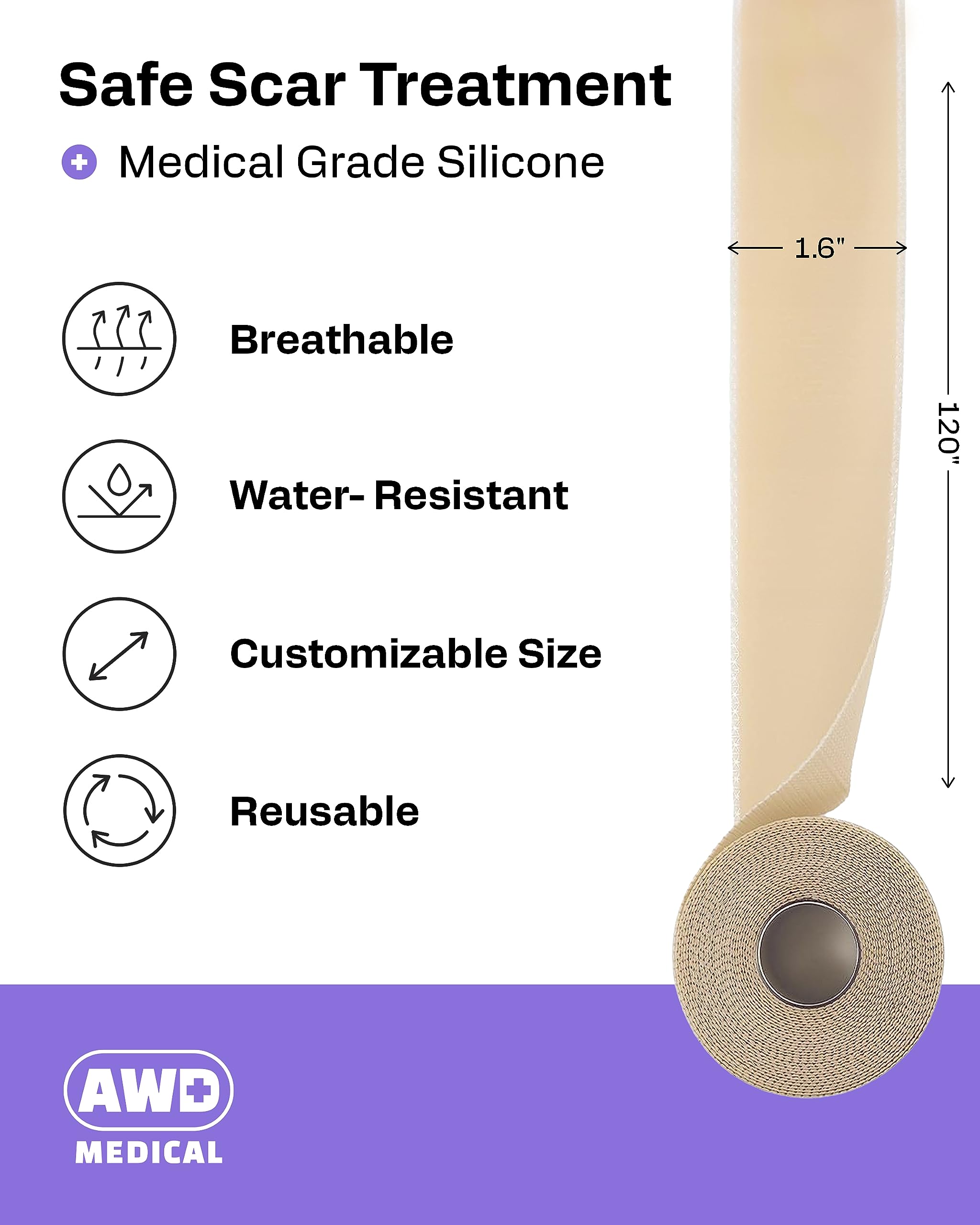 AWD Medical silicone scar tape easy removal minimizes skin pulling