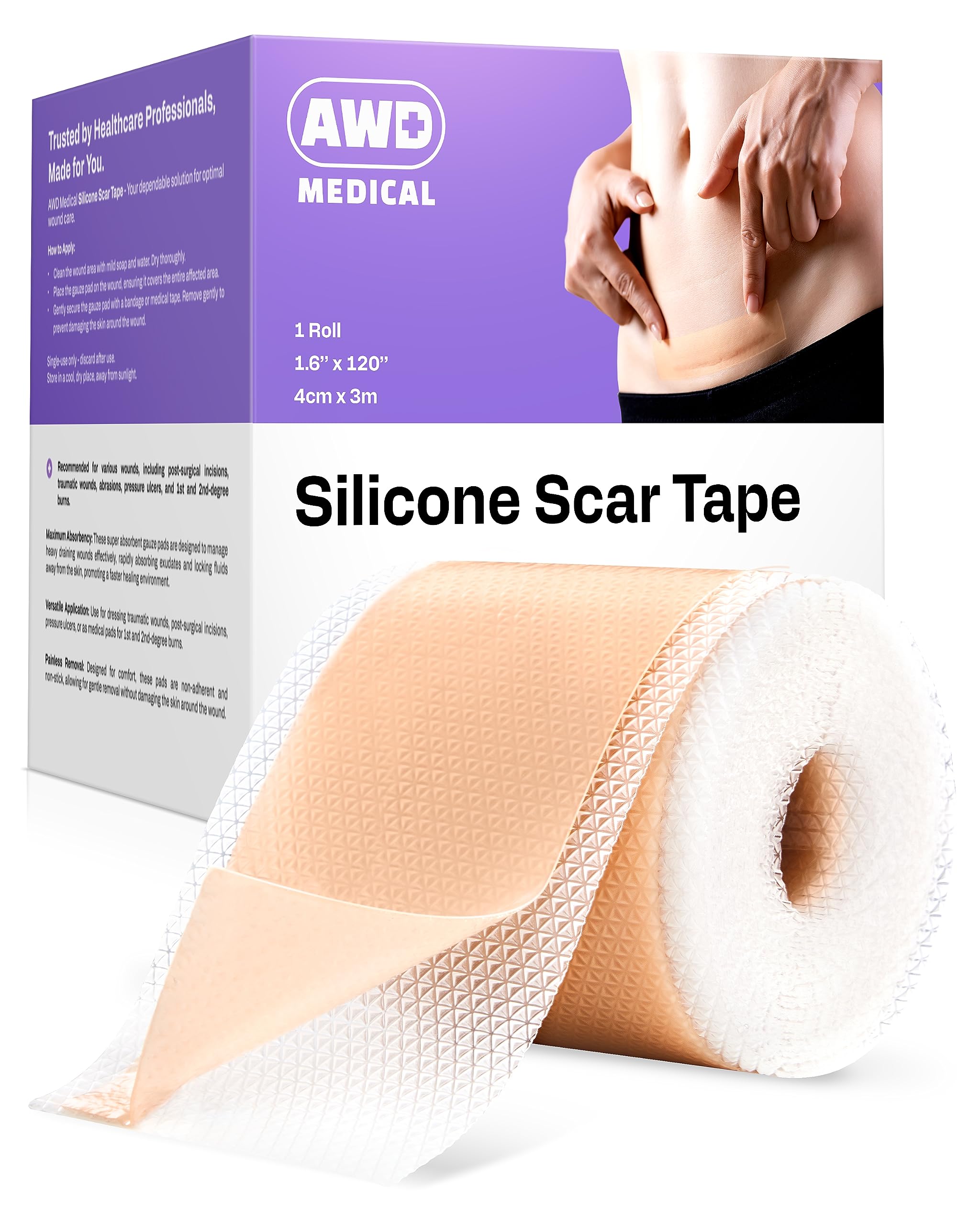 AWD Medical silicone scar tape roll 120in providing long lasting scar management