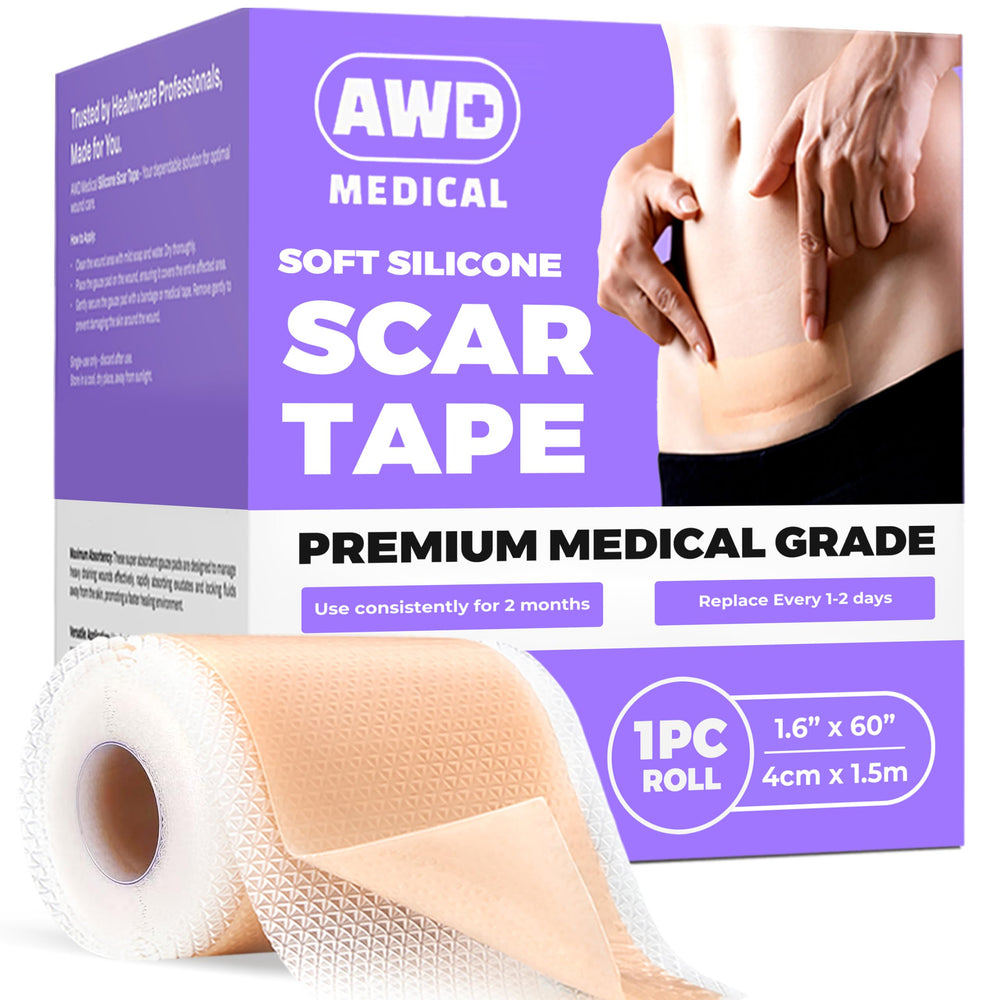 AWD Silicone Scar Tape Roll 60in closeup highlighting medical-grade silicone for gentle adhesion.