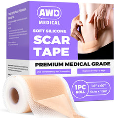 AWD Silicone Scar Tape Roll 60in closeup highlighting medical-grade silicone for gentle adhesion.