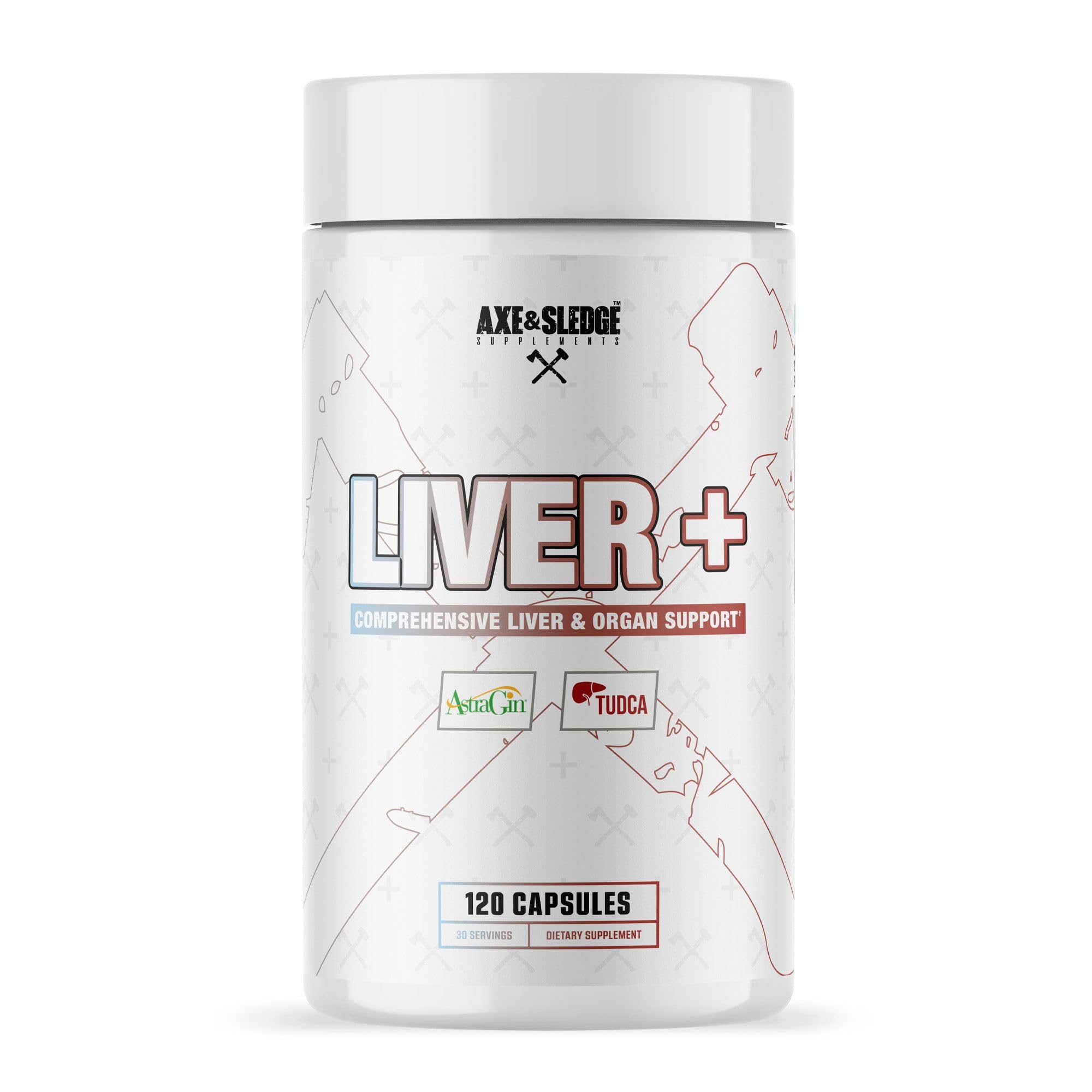 Axe & Sledge Liver+ bottle with clear veggie capsules on white background