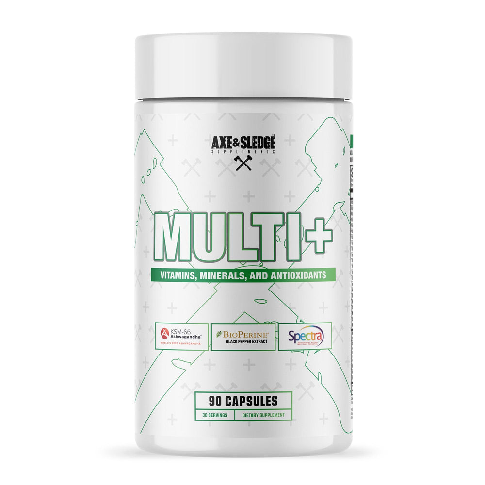 Axe & Sledge Multi Plus Multivitamin bottle and 90 veggie capsules