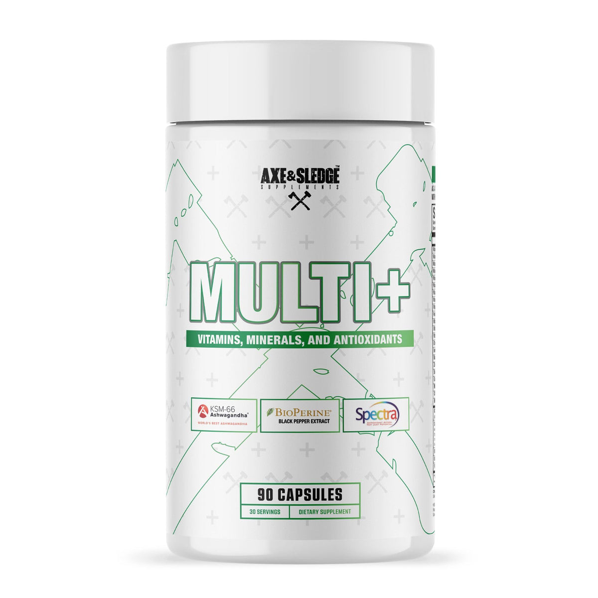 Axe & Sledge Multi Plus Multivitamin bottle and 90 veggie capsules