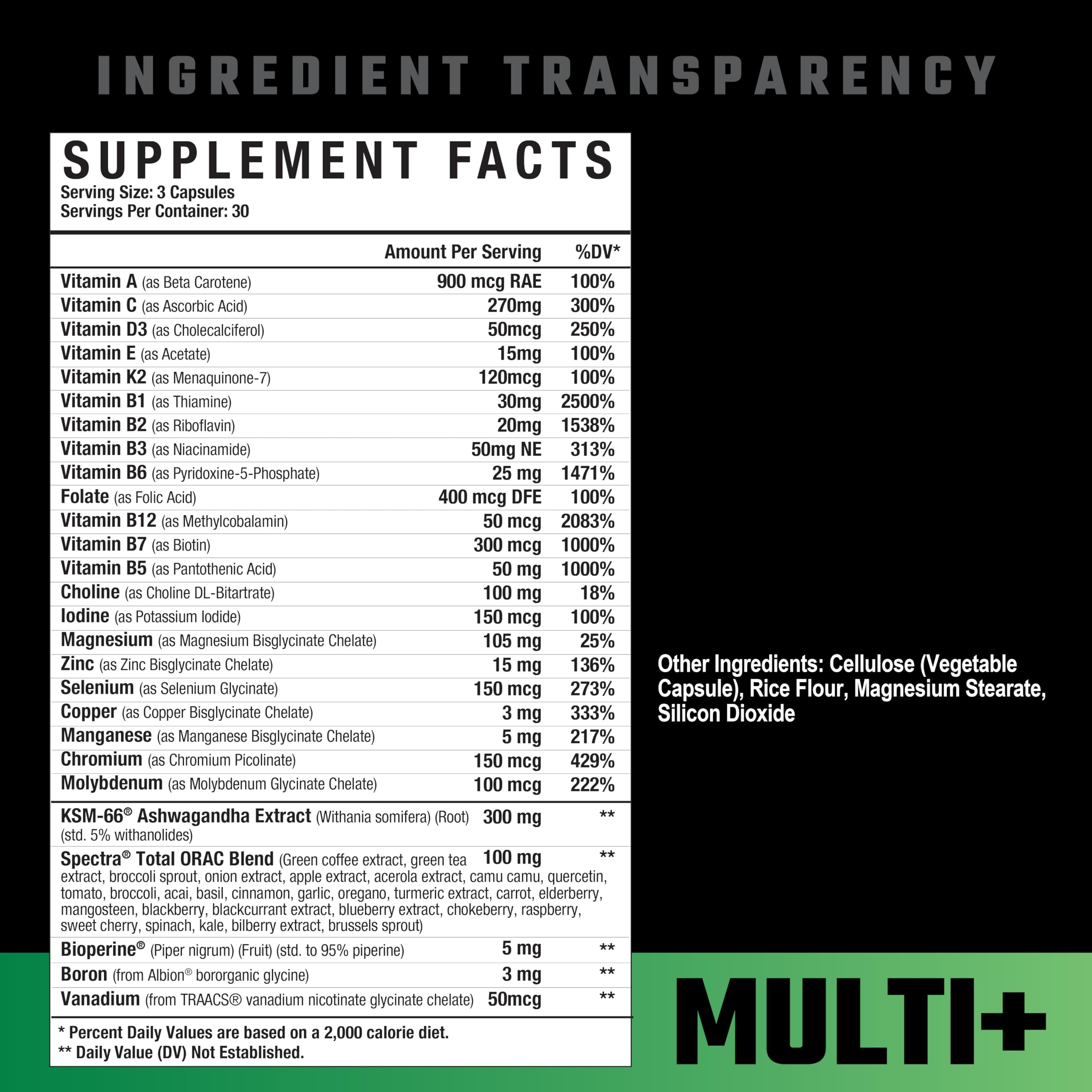 Close-up of label showing 24 vitamins and minerals in Multi Plus