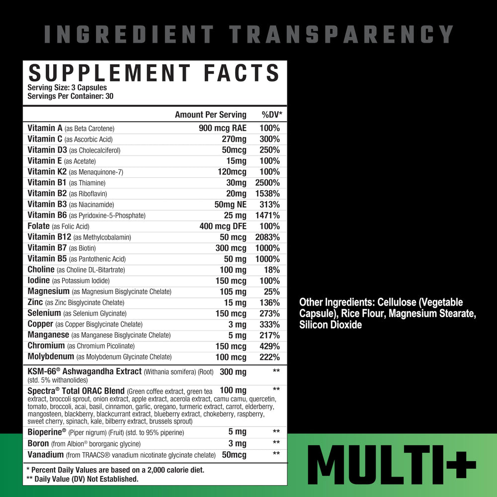 Close-up of label showing 24 vitamins and minerals in Multi Plus