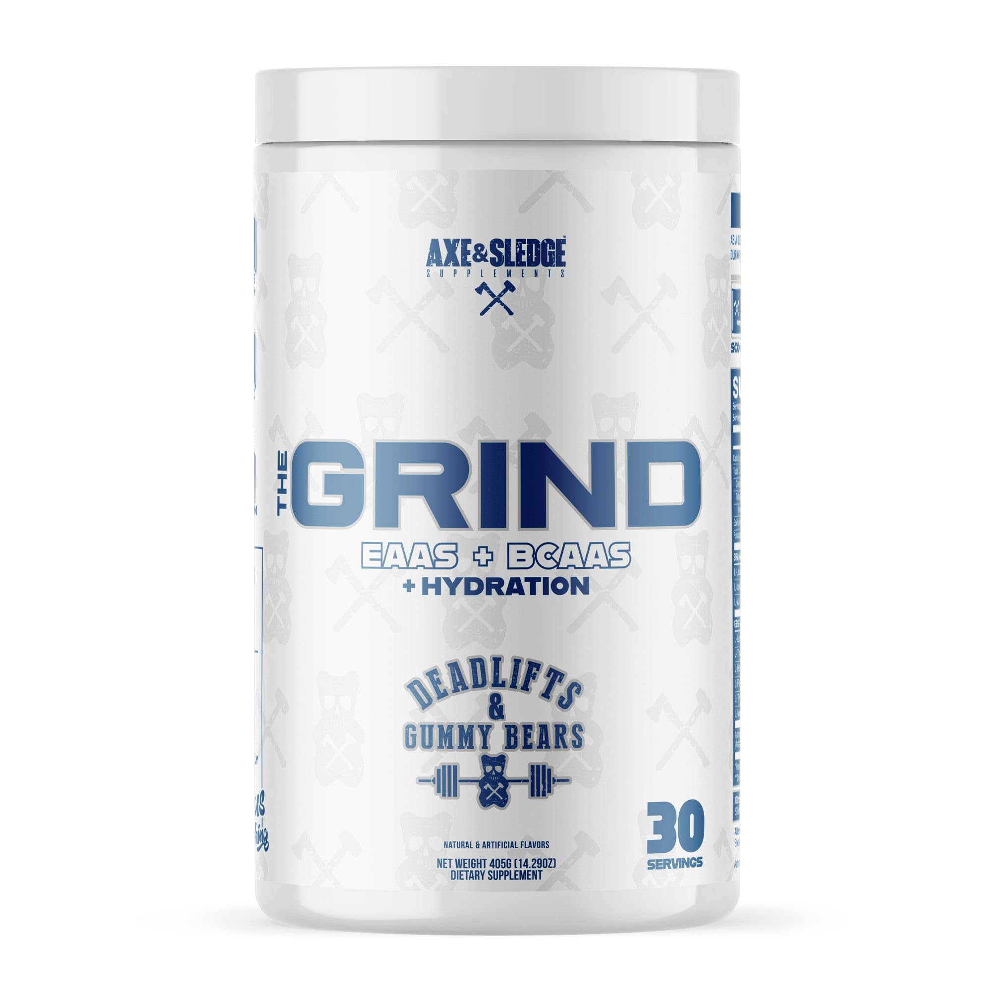 Axe & Sledge The Grind Essential Amino Acids bottle and scoop showing 7.5g amino acids and 5g BCAAs in a 2:1:1 ratio