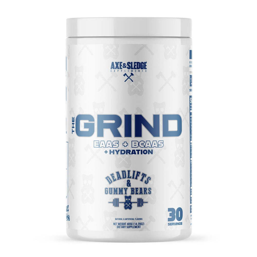 Axe & Sledge The Grind Essential Amino Acids bottle and scoop showing 7.5g amino acids and 5g BCAAs in a 2:1:1 ratio