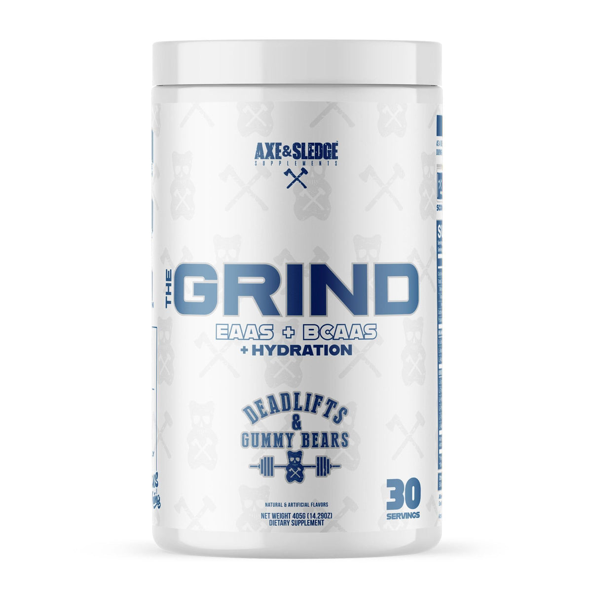 Axe & Sledge The Grind Essential Amino Acids bottle and scoop showing 7.5g amino acids and 5g BCAAs in a 2:1:1 ratio