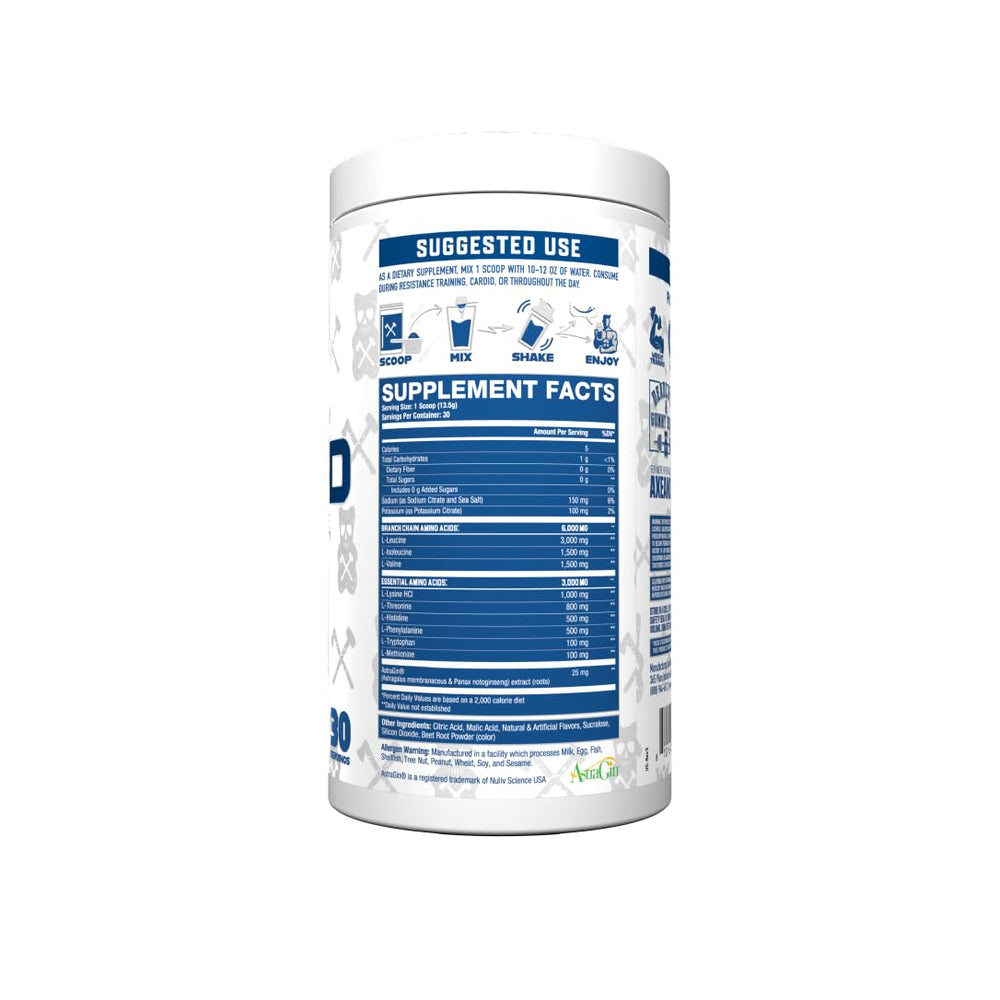 Close-up of The Grind powder with scoop highlighting vegan, stimulant-free formula and electrolyte blend