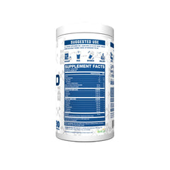 Close-up of The Grind powder with scoop highlighting vegan, stimulant-free formula and electrolyte blend